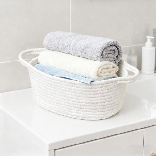 4PCS Woven Baskets Organizing Cotton Rope with Handle Empty Basket with Bags and Ribbon for Baby Birthday Christmas Easter Housewarming Newborns Wedding(12" x 8" x 5") - color: White,Grey,Pink,Green