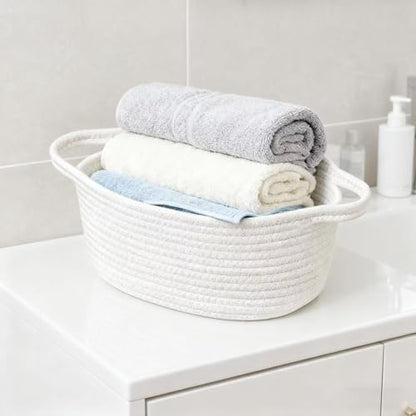 4PCS Woven Baskets Organizing Cotton Rope with Handle Empty Basket with Bags and Ribbon for Baby Birthday Christmas Easter Housewarming Newborns Wedding(12" x 8" x 5") - color: White,Grey,Pink,Green