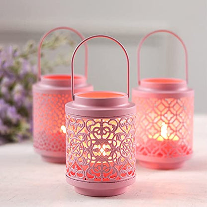 WAYUTO Metal Candle Holder Set of 2 Rustic Candle Holder Lantern Iron Candlestick Holder Hanging Lantern Retro Iron Hollow Lantern Indoor Outdoor for Desk Patio Garden Pathway Yard 7.2 Inch, Pink - color: Pink