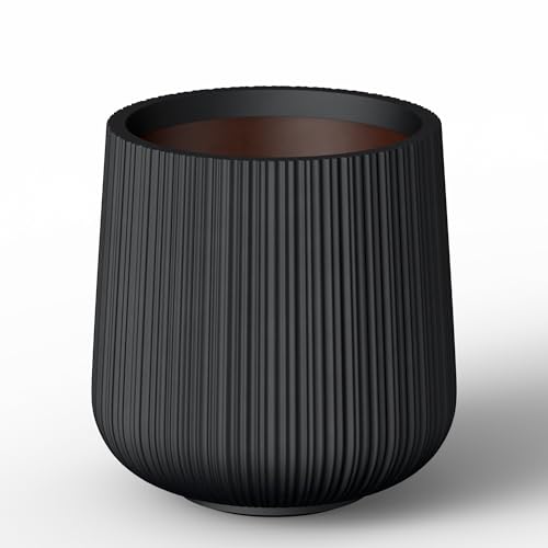 Kante Accent Round Curved Black Concrete Planter 13" Dia, Outdoor - color: Ringed Black, size: 13” Dia