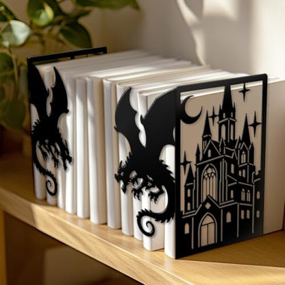Peacoblue 5.5"x4.3"x8.3" Metal Bookends, Heavy Duty Book Ends for Shelves - style: Dragon with Castle and Moon