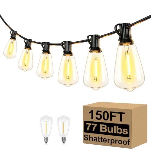 Brightever 150FT Outdoor String Lights 77 Bulbs, Waterproof Patio Lights - color: Black Wire Warm White, size: 150FT
