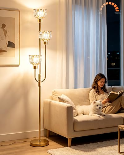 3-Light Glass Floor Lamp 66IN Modern Amber Glass Gold Dimmable Floor Lamps - color: Amber Tulip-Gold
