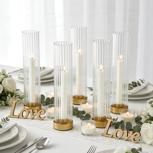 Hurricane Candle Holders Golden Taper Candle Sticks Holder, with 11" Thickened Glass Cylinder Covers Ribbed Candlesticks Holders Bulk Set of 10, Dining Table Centerpiece for Wedding - color: Clear Ribbed