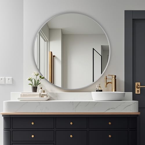 Round Mirror, Wall Mounted Circle Mirror-Brushed Metal Frame, 36", Silver - color: Silver, size: 36"L x 36"W