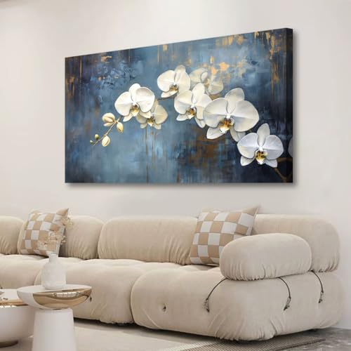 Abstract White Butterfly Orchid Canvas Wall Art for Living room Office Bedroom Flowers Wall Art Print Oil Paintings Modern Blue Gold Rain Mist Pictures Wall Decor Artwork Ready to Hang - 20in * 40inch - color: White Butterfly Orchid, size: 40"L x 20"W