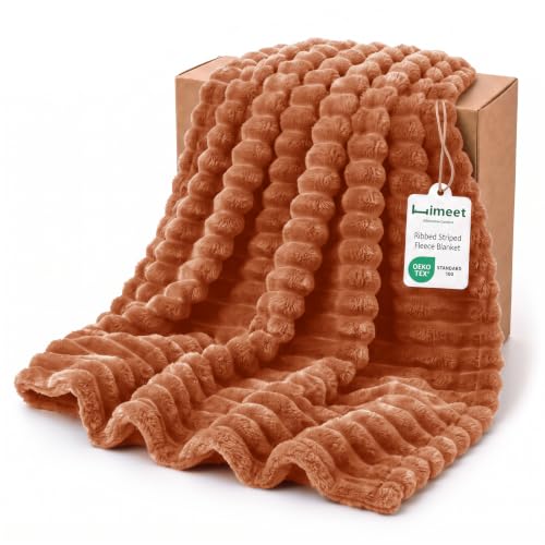 HIMEET Burnt Orange Queen Blanket for Bed, 300GSM Ribbed Fleece, 90 x 90 in - color: Burnt Orange, size: Queen (90" x 90")