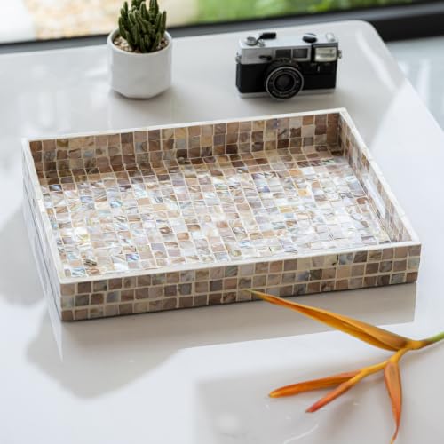 PEMAR Mother of Pearl Tray 15.7x11.8 Rectangle Handcrafted Serving Tray - color: Artisan Brown Mosaic