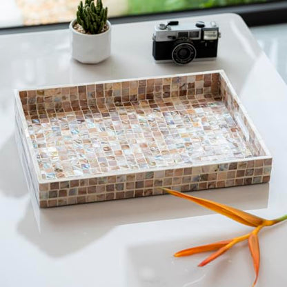 PEMAR Mother of Pearl Tray 15.7x11.8 Rectangle Handcrafted Serving Tray - color: Artisan Brown Mosaic