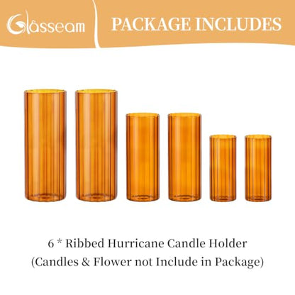Glasseam Hurricane Glass Candle Holders, 6 Pcs Amber Ribbed Flower Vase Set - color: Amber