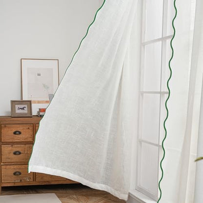 DriftAway Semi Sheer Scalloped Edge White Coastal Beach Window Curtains for Living Room Bedroom 2 Panels Rod Pocket Each Size 52 Inch by 63 Inch Loden Green - color: White Loden Green, size: 52"W x 63"L (Pack of 2)