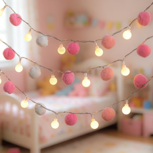 9.84FT Pom Poms Fairy Lights 30 LED Battery & USB Operated String Lights - color: Pink, size: 9.84 FT