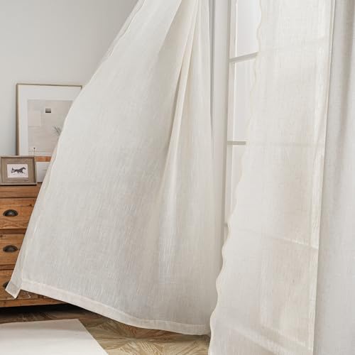 DriftAway Semi Sheer Scalloped Edge Linen Coastal Beach Window Curtains for Living Room Bedroom 2 Panels Rod Pocket Each Size 52 Inch by 102 Inch Taupe - color: Linen Taupe, size: 52"W x 102"L (Pack of 2)