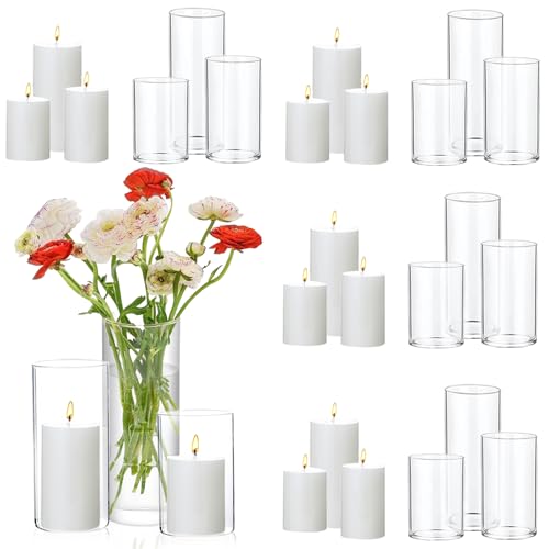UDU 24 Pcs White Pillar Candles and Glass Cylinder Vases, Hurricane Pillar Candle Holder Vases for Wedding Centerpieces Table Party Home Decor(3.2" X 4.7", 6", 8") - size: 3.2" X 4.7", 6", 8"