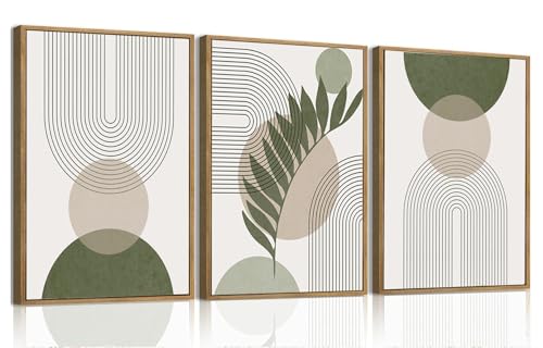 Boho Sage Green Abstract Framed Canvas Wall Art Set of 3, 16x24 inch - color: Sage Green, size: 16"x24"Natural