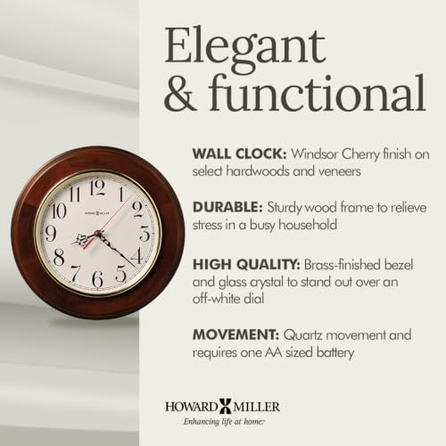 Howard Miller Brentwood Wall Clock – Wood Finish, Brass Bezel, Silent Quartz Movement, Round, Battery Operated, Home or Office Decor