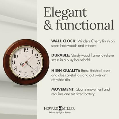 Howard Miller Brentwood Wall Clock – Wood Finish, Brass Bezel, Silent Quartz Movement, Round, Battery Operated, Home or Office Decor
