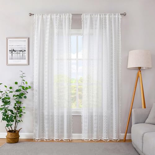 White Boho Sheer Lace Window Curtains with Tassel, 40" Wx54 Lx2 - color: White, size: 40"W x 54"L (Pack of 2)