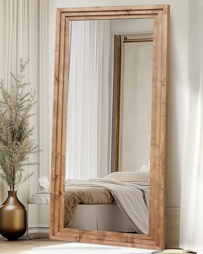 76x34in Full Length Mirror, 3-Tier Stepped Solid Wood Frame - color: Light Brown, size: 76"L x 34"W