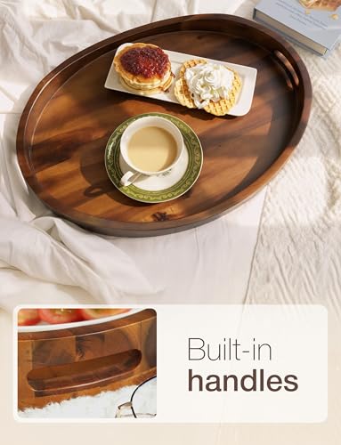 TIDITA Acacia Oval Wooden Serving Tray with Handle, 20"x15", Walnut Color - color: Walnut, size: 20" x 15" x 2.2"