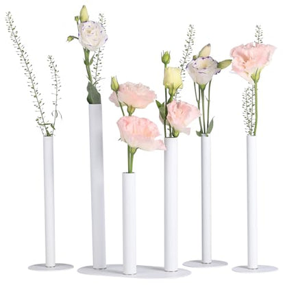 Magnetic Bud Vases Set of 6, White Aluminum Small Flower Vases with Stainless Steel Magnetic Bases, Minimalist Single Stem Vase Centerpieces for Wedding Dining Table Home Farmhouse Boho Decor