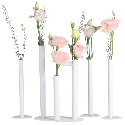 Magnetic Bud Vases Set of 6, White Aluminum Small Flower Vases with Stainless Steel Magnetic Bases, Minimalist Single Stem Vase Centerpieces for Wedding Dining Table Home Farmhouse Boho Decor