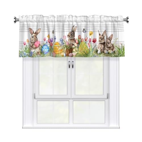Easter Bunny Valances for Windows Spring Watercolor Floral Cute Rabbits Kitchen Curtains Rod Pocket Window Treatments Valance Curtains for Kitchen Living Room 54 x 18 inch, 1 Panel - color: Easter Bunny