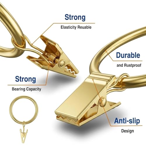 Lansian 44 Pack Curtain Rings with Clips Hooks 1 in Diameter Rustproof - color: Gold, size: 1"Inner Dia, 44Pack