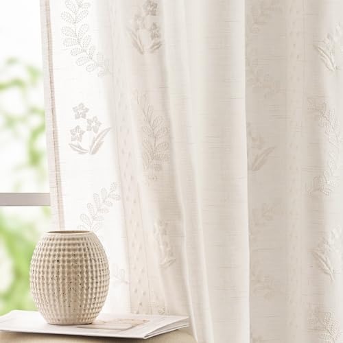 jinchan Floral Linen Curtains 84 Inch Farmhouse Back Tab 2 Panels - color: Off White, size: 50"W x 84"L (Pack of 2)