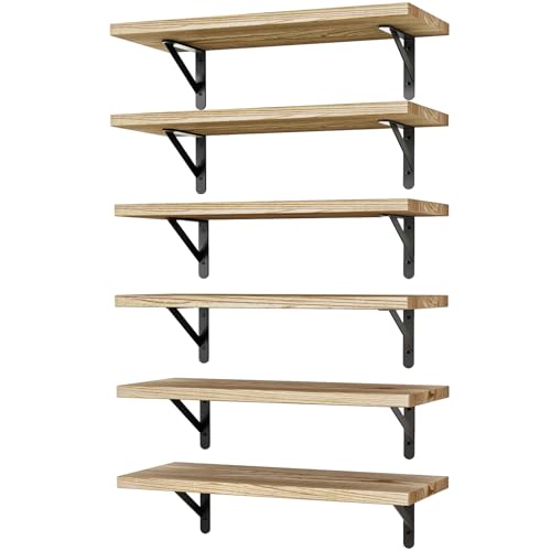 YGEOMER 16.5 Inch Floating Wall Shelves, Light Carbonized Brown, Set of 6 - color: Rustic Brown, size: 16.5 x 6.1 x 0.59 inches