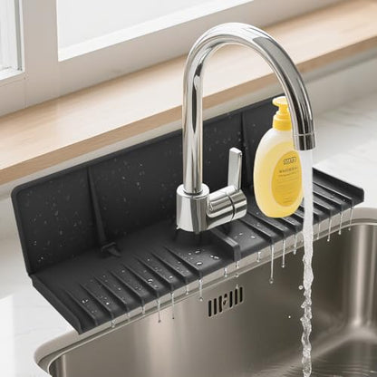 Silicone Sink Splash Guard Behind Faucet, Faucet Mat Backsplash Guard Black - color: Black, size: 14.4x8.8 inch