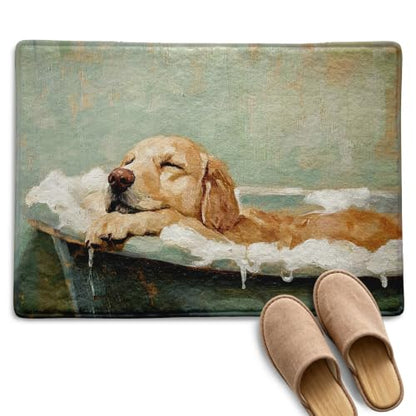Sage Green Golden Retriever Bath Mat,Retro Dog Bathroom Rug