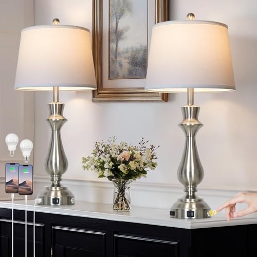 Cinkeda Silver Touch Lamps for Night Stands Set of 2-29.5" Tall Bedside Lamp with USB C+A, 3 Way Dimmable Bedroom Lamps, Brushed Nickel Table Lamps for Living Room - color: Silver