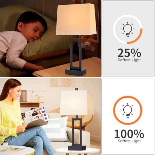23.5" Touch Control Table Lamps Set of 2, Bedside Lamp with 2 USB Ports & AC Outlet, 3-Way Dimmable Nightstand Lamp with White Linen Shade for Living Room Bedroom End Table Office(2 LED Bulb Included) - color: White - 23.5"H