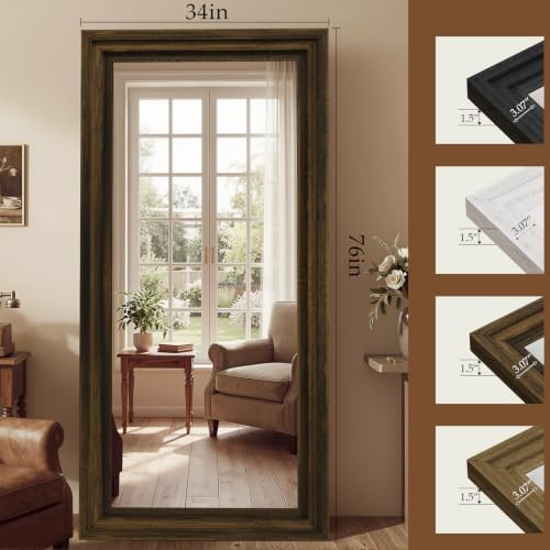Wood Full Length Mirror 76"x34", Large Solid Wood Frame Floor Mirror - color: Walnut Wood, size: 76"L x 34"W