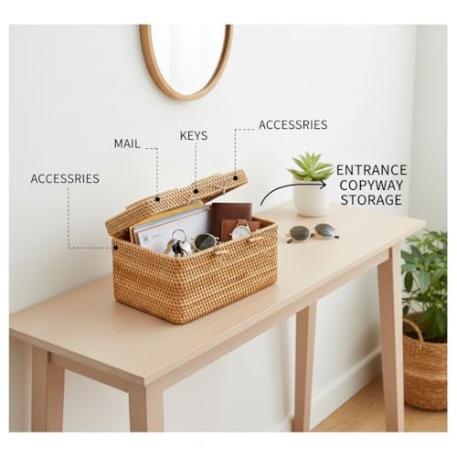 Rattan Storage Basket with Lid – 12×8×7.5 inch for Home - size: 12"×8"×7.5"