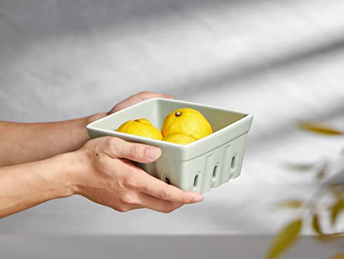 ONEMORE Ceramic Berry Basket, Square Fruit Bowls, Rustic Stoneware Berry Colander Set of 2, 5.7 inch, Gray & Light Green - color: Gray & Light Green