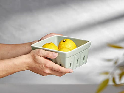 ONEMORE Ceramic Berry Basket, Square Fruit Bowls, Rustic Stoneware Berry Colander Set of 2, 5.7 inch, Gray & Light Green - color: Gray & Light Green