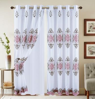 J&V TEXTILES Embroidered Curtain Set, 2 Panel Drapes with Backing & Valance, Medallion Pattern (Pink) - color: Pink