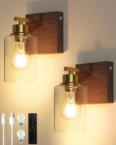 Rayogale Wireless Battery Operated Wall Sconce Set of 2 with Remote Control | Gold & Walnut Dimmable Rechargeable Wall Lights with Timer, Easy Install Glass Lamp for Living Room Bedroom, Emergency 3000K - color: Gold Walnut(Clear Lampshades)