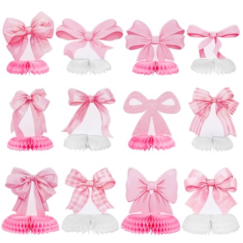 12 Pcs Pink Bow Honeycomb Centerpieces for Birthday Party Decor - style: Pink Bow