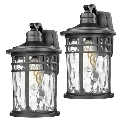 Darkaway 2pcs Large Outdoor Porch Lights Wall Mount, 15inch Outside Light Fixtures Sconces Wall Lighting with Water Ripple Glass Waterproof Exterior Lights for Patio Yard Garage - color: Black-Water Ripple Glass, size: 15"-2Pack