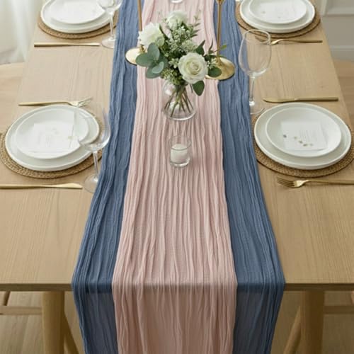 Cheesecloth Table Runner 2 Pack Dusty Pink and Dusty Blue, Boho Gauze Table Runner 10Ft 120 Inches Long for Wedding Decor, Party & Home Table Decoration - color: Dusty Pink and Dusty Blue