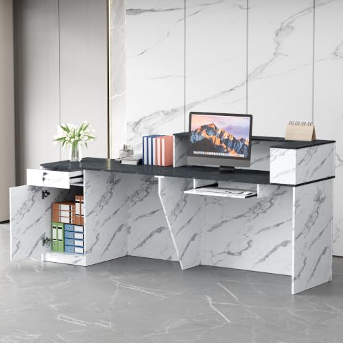 78.7"Reception Desk with Vertical Slat Panels for Office, Salon & Lobby - color: White Marble/Blue-gray Marble, size: 78.7''L x 23.6''W x 39.3''H