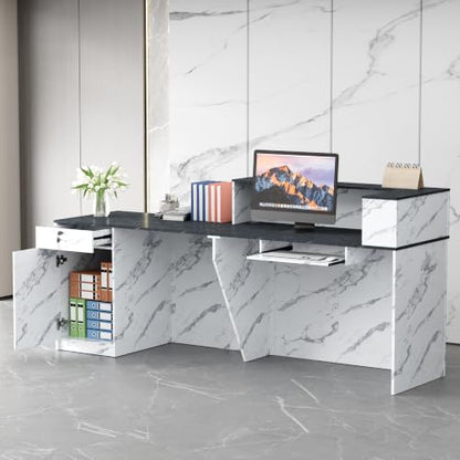 78.7"Reception Desk with Vertical Slat Panels for Office, Salon & Lobby - color: White Marble/Blue-gray Marble, size: 78.7''L x 23.6''W x 39.3''H
