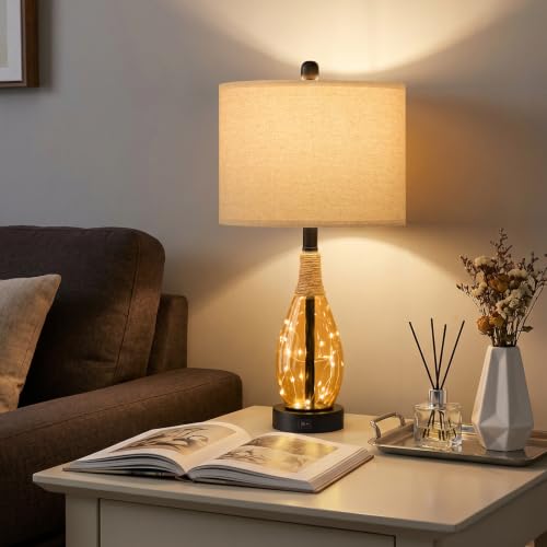 OYEARS 23" Table Lamps for Living Room Set of 2 Bedside Lamps for Night Stands Bedroom Lamps Farmhouse Rattan Boho Lamp Glass Nightlight End Table Lamp,Two Light Points - color: Tea Brown