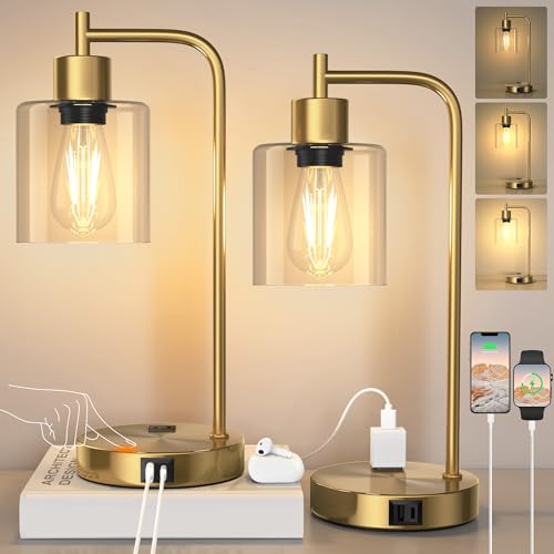 QiMH Set of 2 Industrial Table Lamps, Glass Desk Lamp for Living Room - color: gold-2