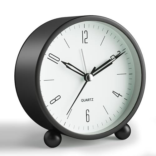 JALL Analog Alarm Clock, 4 inch Super Silent Non Ticking Small Clock with Night Light, Battery Operated, Simple Design, Old Fashioned Style Black Decor, for Bedroom, Bedside, Desk, Adult, Gift, Black - color: Black