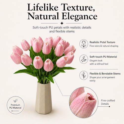 Mandy's 20 Stems Peach Pink Artificial Tulip Flowers for Home Centerpieces - color: Peach Pink 20pcs