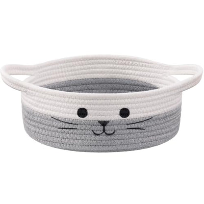 Small Woven Rope Cat Toy Basket with Cat Face Design, White Grey - color: White & Grey, size: 9.8"W x 4"H